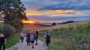 A small group of walkers on a country lane